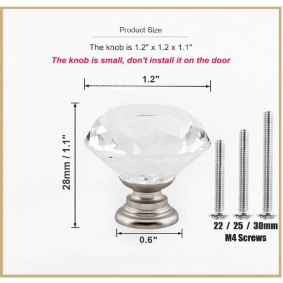 24Pcs 1.2" Small Diamond Glass Cabinet Knobs Brushed Nickel Kitchen Drawer Pulls - Picture 4 of 8
